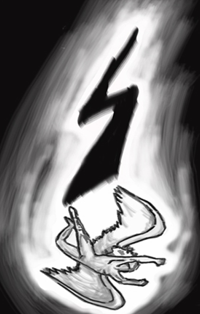 image of a falling angel with a black lightening bolt following behind it